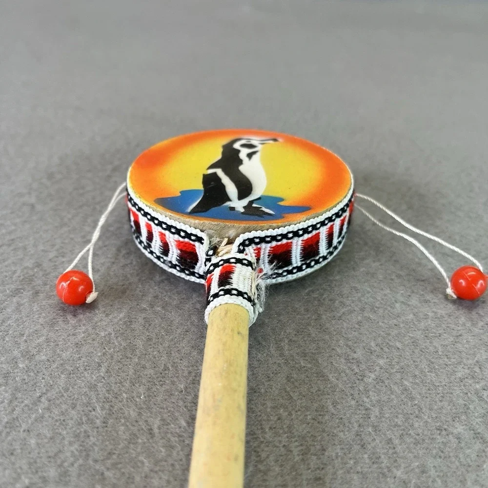Spin Drum Wood Handle Penguin Spirit Bead Dance Beat Percussion Toy
